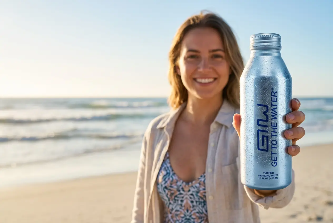 Smiling woman on the beach holding a chilled 16 fl oz aluminum Get To The Water bottle
