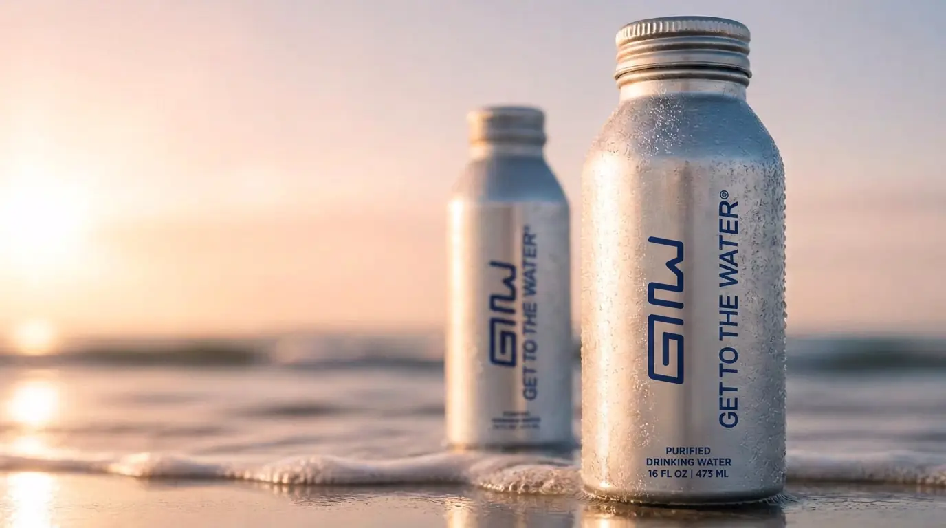 GTTW 16 fl oz aluminum bottle resting on wet sand at golden hour