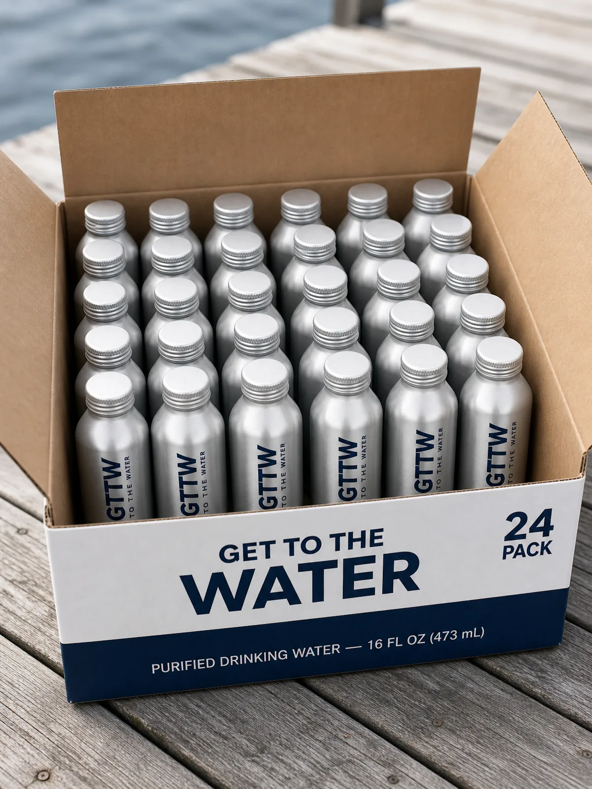 Open 24-pack case of GTTW refillable aluminum water bottles
