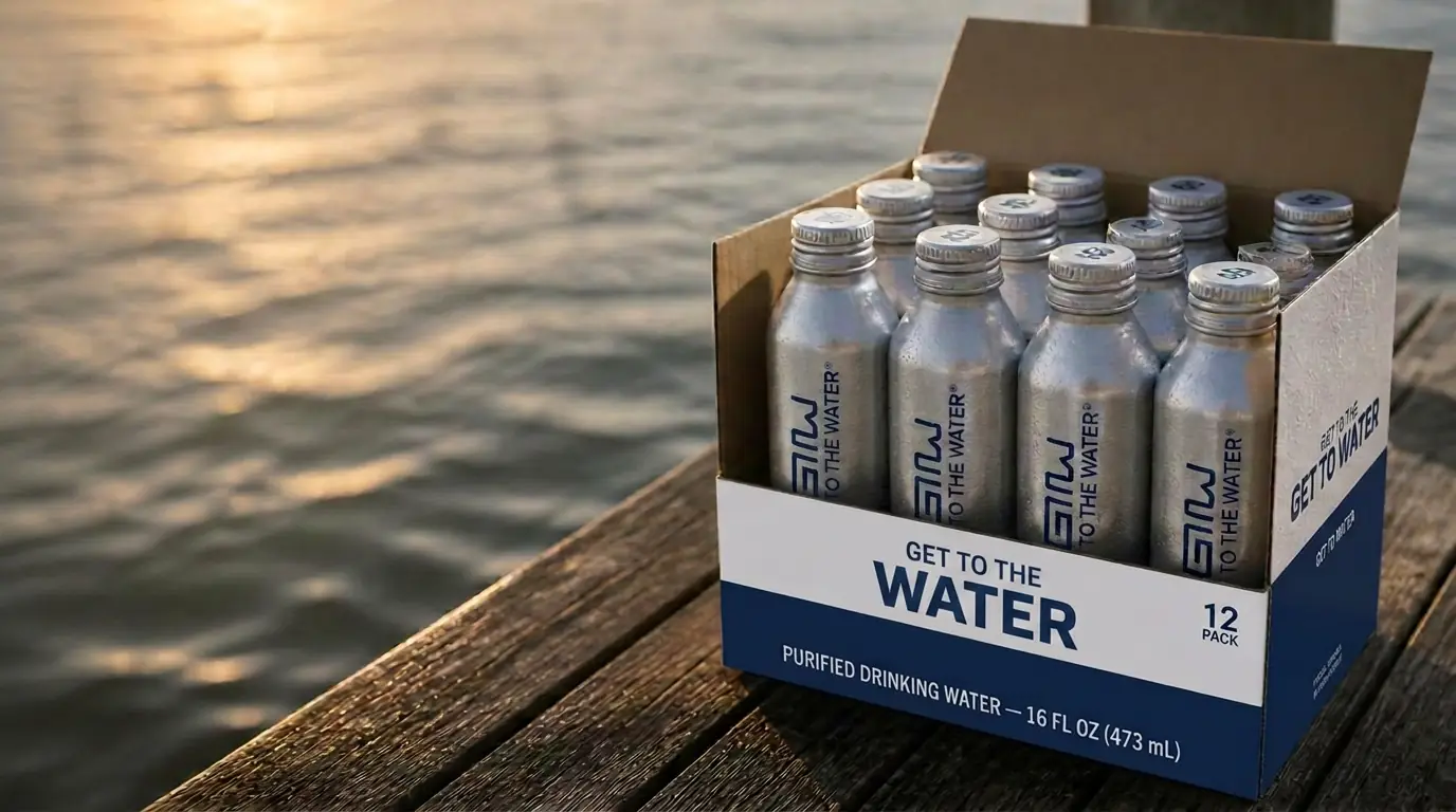 An open 24-pack case of GTTW aluminum bottles on a weathered dock