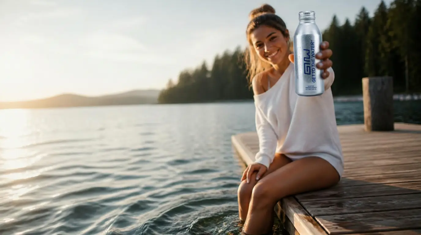 Clear lake water at golden hour with a GTTW aluminum bottle