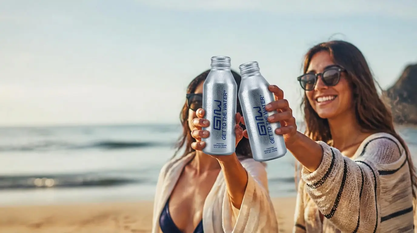 Friends on the beach raising chilled GTTW aluminum bottles together