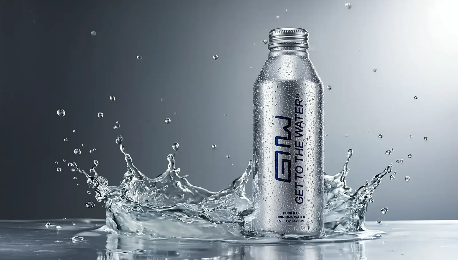 GTTW 16 fl oz aluminum bottle with a splash of purified water