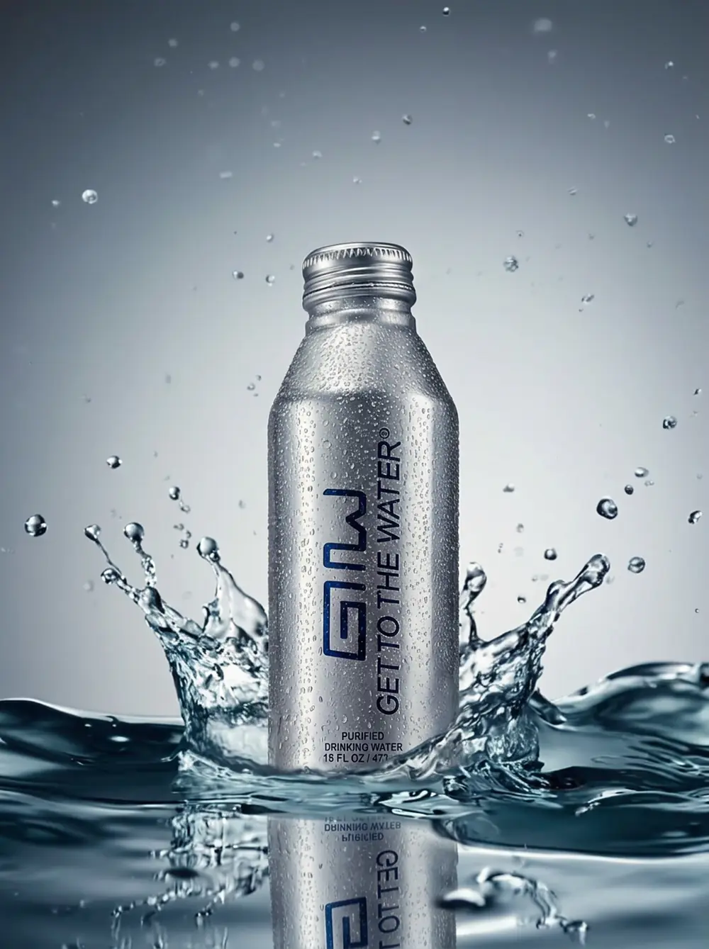 GTTW 16 fl oz aluminum bottle standing in a splash of purified water